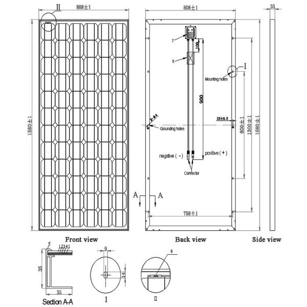 190W-195W-200W-205W-36V solar panel assembly size chart