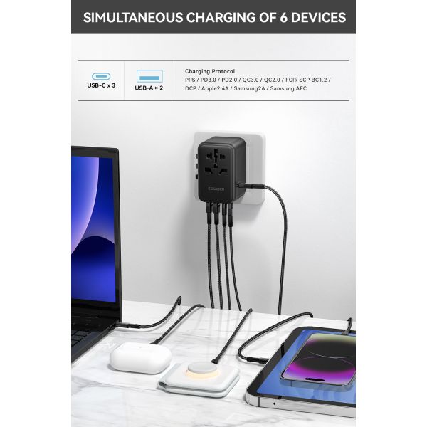 Essager 2023 Travel New Product Phone Accessories Quick Charging 3 USB-C 2 USB-A Portable Travel 65w Charger