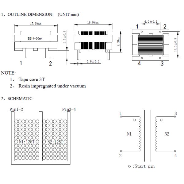 EE14 High Frequency Transformer Power Supply Ferrite Core Vertical High Voltage 30mH Inductance