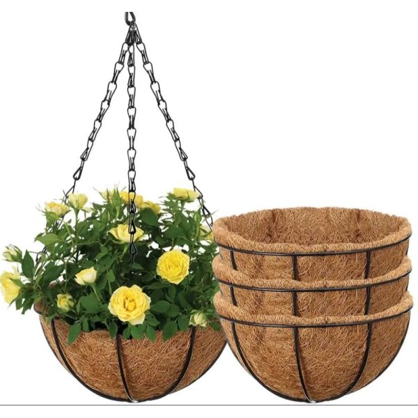 Premium Round Shape Coir Hanging Baskets Complete With Coir Liners, Breathable Natural Coir Plant Hangers For Garden & Home Decor
