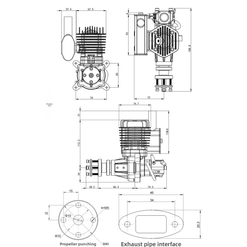 X-38Cc-S Model Aircraft Gasoline Engine Single-Cylinder Two-Stroke Side-Displacement Fixed-Wing Drone Accessories
