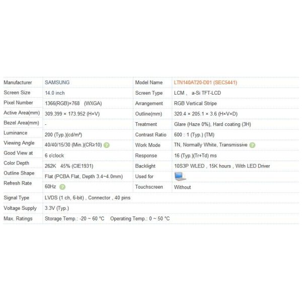 LTN140AT20-D01 14 Inch Laptop Lcd Screen 1366 RGB*768 WXGA Glossy Surface LVDS 40 Pin
