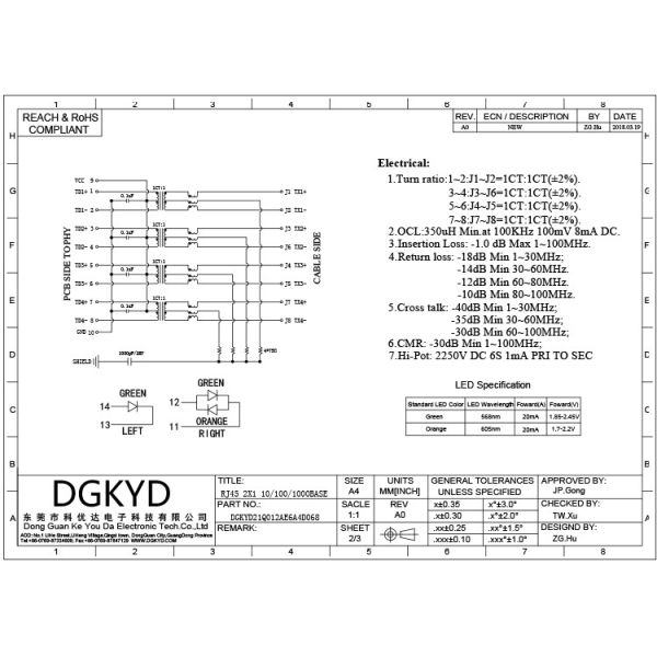 DGKYD21Q012AE6A4D068 2X1 Multiport Connector Gigabit Ethernet Filtering RJ45 Modular Connector Network Jack