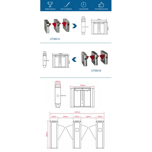 Security Pedestrian Barrier Gate , Automatic Retractable Flap Gate Barrier 24V DC Motor