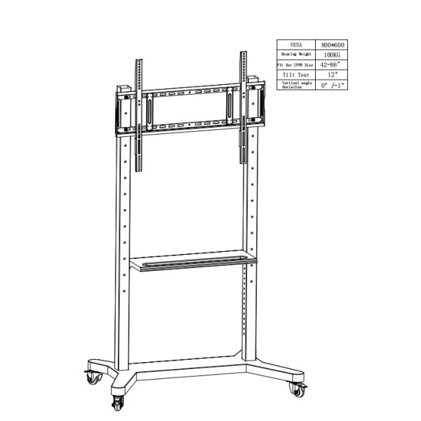 55"- 86" Adjustable Mobile TV Stand With Wheels, Compatibility For 43"-100" Flat/Curved Screens Up To 220 Lbs Steel Frame, 5 Height Options, Rolling