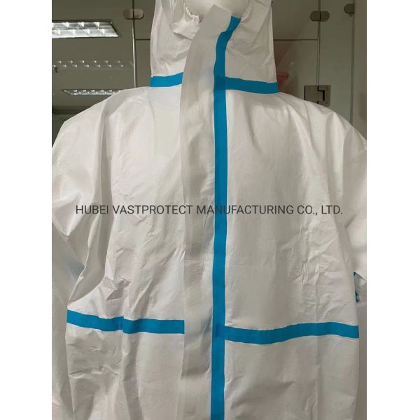 CE En14126 Type 4 5 6 Heat Sealed Tape Seam Disposable Microporous Coverall Isolation Gown