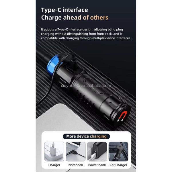 2026 Cross-border Magnetic Working Lamp, Multi-angle Bend, Car Inspection Lamp, USB Charging, White Laser Zoom Flashlight