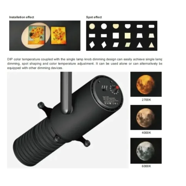 High-Definition 15° ~36° /55° Zoomable Smart Control LED Contour Spotlight Shapeable Track Light Gobo Projector for Museum Art Gallery Commercial