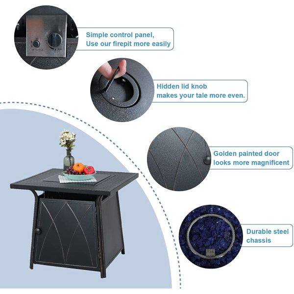 50,000 BTU Outdoor Propane Fire Pit Brazier Bench Gas Square With Blue Fire Glass