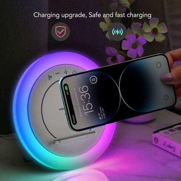 10W Wireless RGB Ambient Light Desktop Charger Multi Function Portable Wireless Speaker With Mobile Phone Holder
