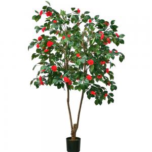 China Artificial Camellia Potted Plant No Litght Fresh Leaves Red And Green Mixed Plant Indoor Decor on sale