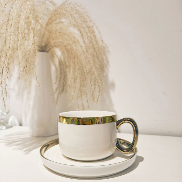 250ml Ceramic Cappucinno Cup And Saucer Set With Gold Rim Luxury Porcelain Coffee Mug