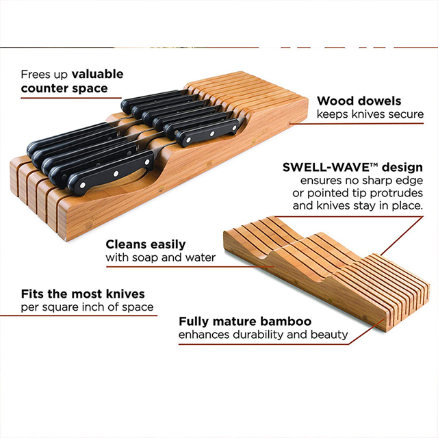 Sustainable 15 Slot Bamboo Knife Holder for In-drawer Kitchen Accessories 43X13.3X5cm