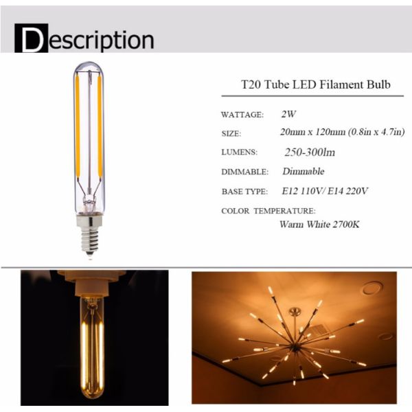 2W 4W T20 Clear Edison LED Filament Bulbs Light 2700K 240V E14 Tubular