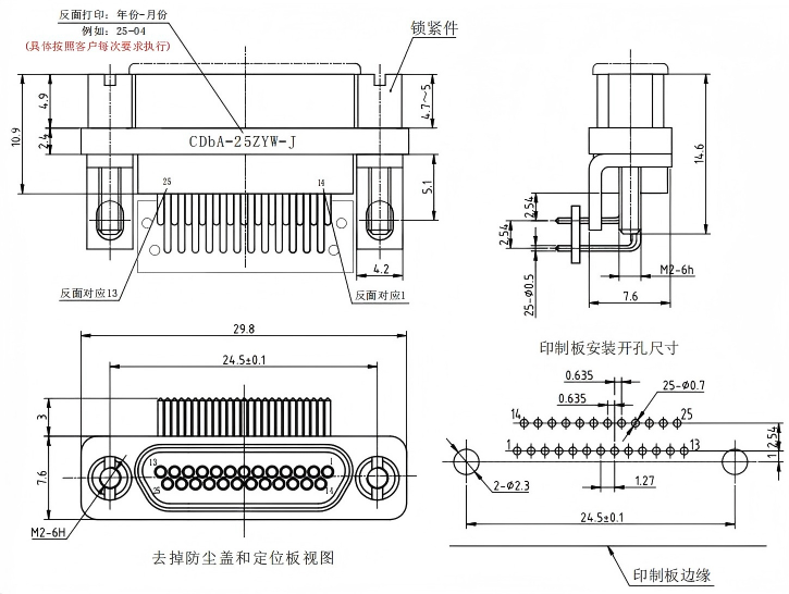 25 Pin Female Right Angle Micro Rectangular Electrical Connector for PCB Applications