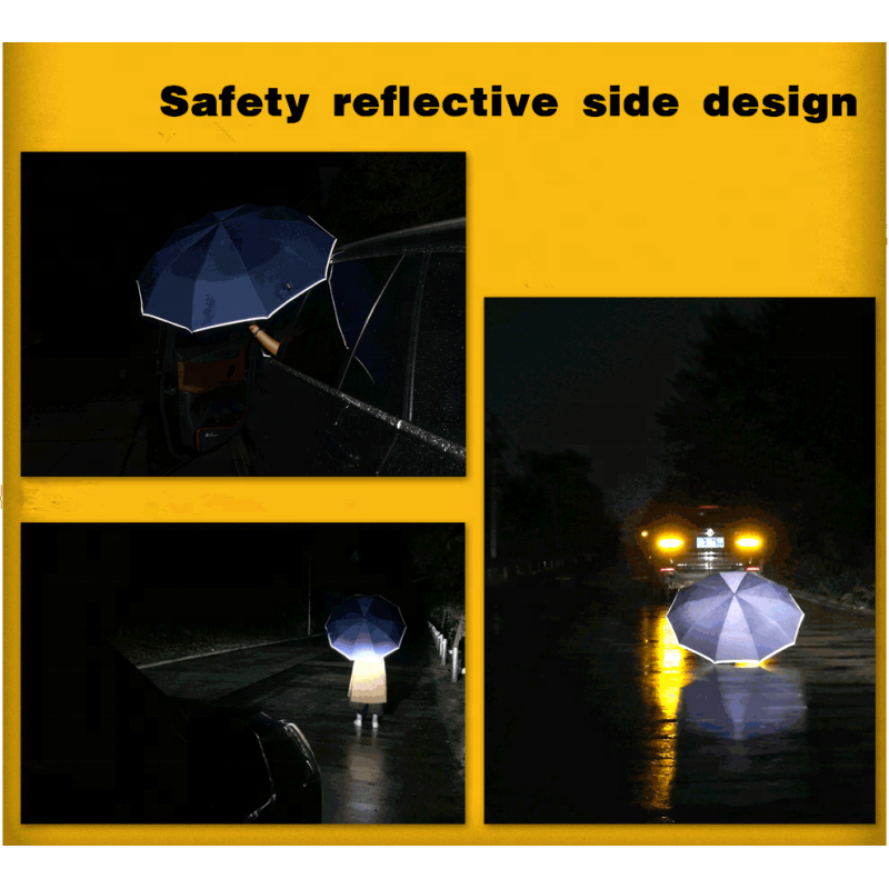 Black Safety Reflection Automatic Rain Umbrella Windproof Logo Printing