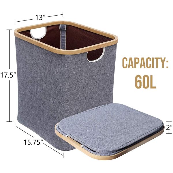 Nordic Simplicity Canvas Rectangular Bamboo Hamper / Laundry Organizer 17.5x15.75x13''