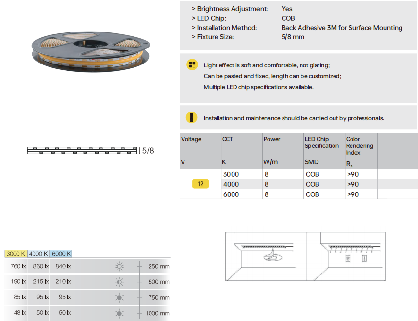 A2910 Flexible Strip Light, Back Adhesive 3M for Surface Mounting, COB LED Chip