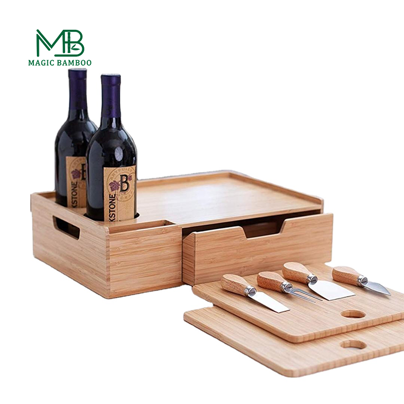 Customized Logo Acceptable Bamboo Cheese Serving Tray With Storage Drawer and Wine Set