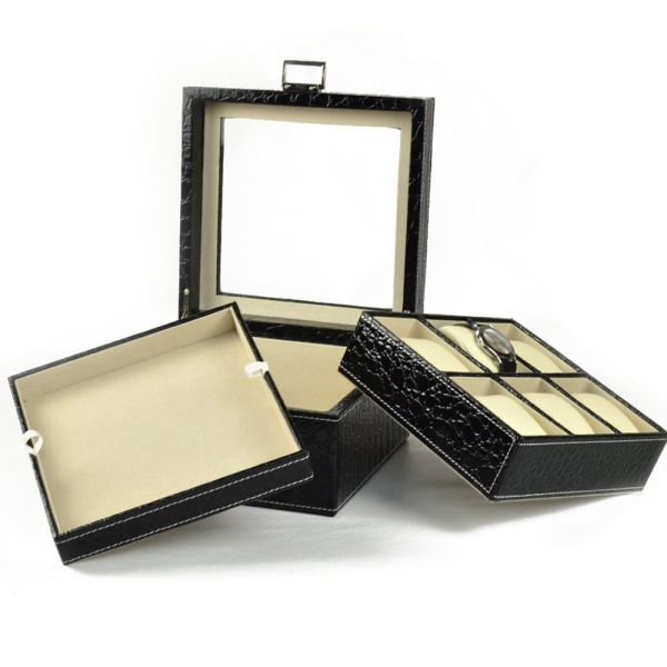 Handmade PU Leather Watch Display Box 2 Layer 6 Grids Customized Size