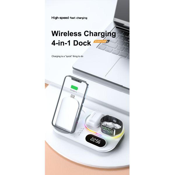 LED Digital RGB Alarm Clock 4 In 1 Folding Wireless Charging Station Dock Stand For Xiaomi Samsung iPhone Wireless Charger