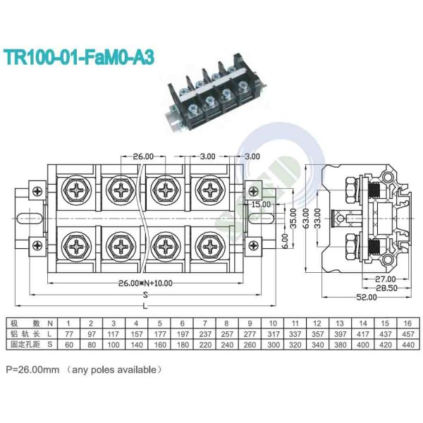 High Current Terminal Block Connector Any Poles Available Pitch 26.00mm 600V 101A