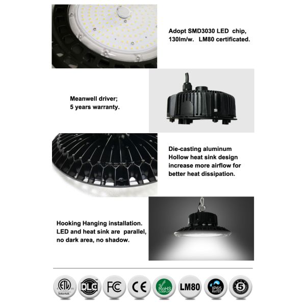 130lm/w Industrial UFO Led High Bay with Die - casting aluminum DLC UL CE RoHS Approved