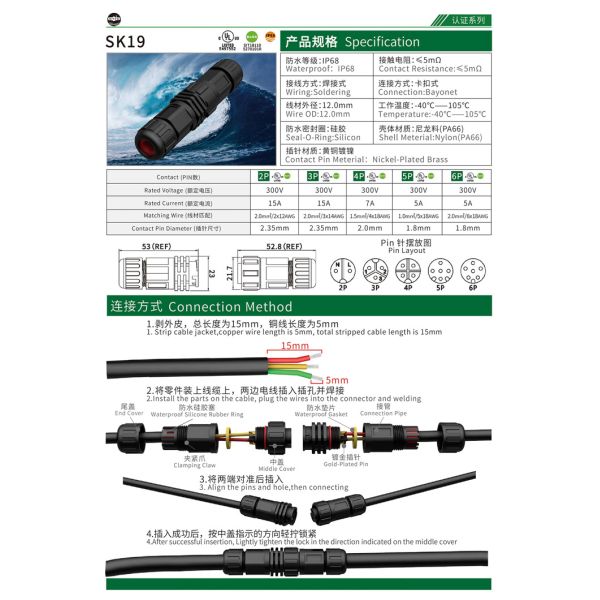 UL Certified HYFD M19 IP68 6 Pin Male Female Connector