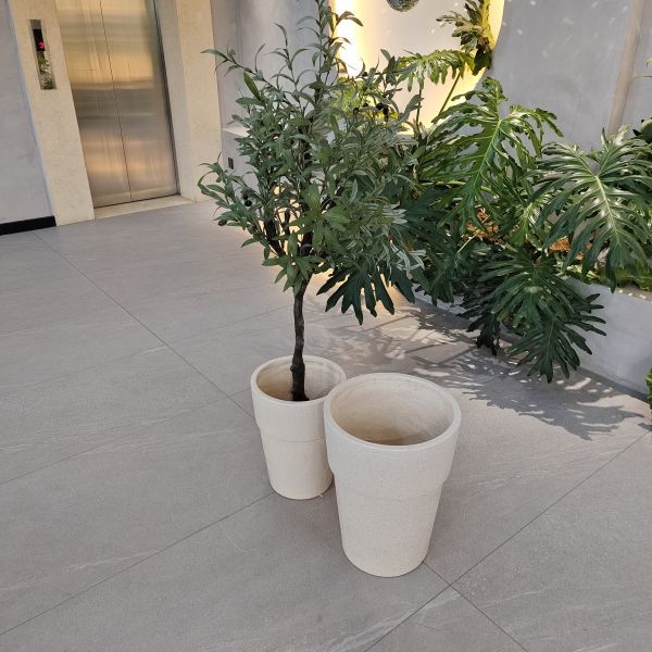 Cream Composite Clay Flower Pot with Smooth Hand Carved Design