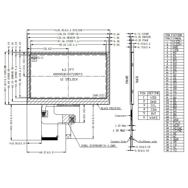480x272 TFT LCD Display Screen, 4.3 Inch 40 PINS 420 CD/M2 24bit RGB Interface