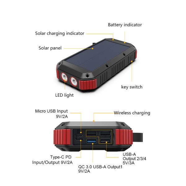 Solar Cordless Power Bank 30000mAh Portable Wireless Charging Type C