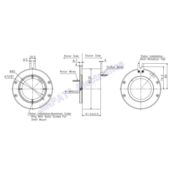 70mm Hore Size Design Through Bore Electrical Slip Ring 15A 38mm 6 Circuits