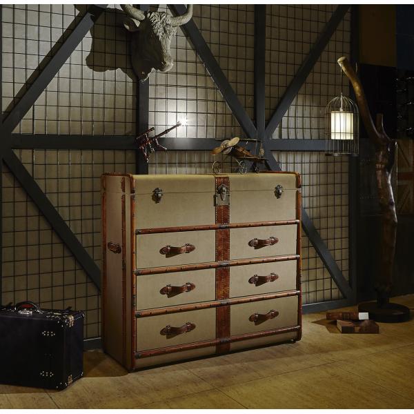Retro Canvas Brown Leather Storage Chest , Vintage Steamer Trunk 4 Layers Big Cabinet