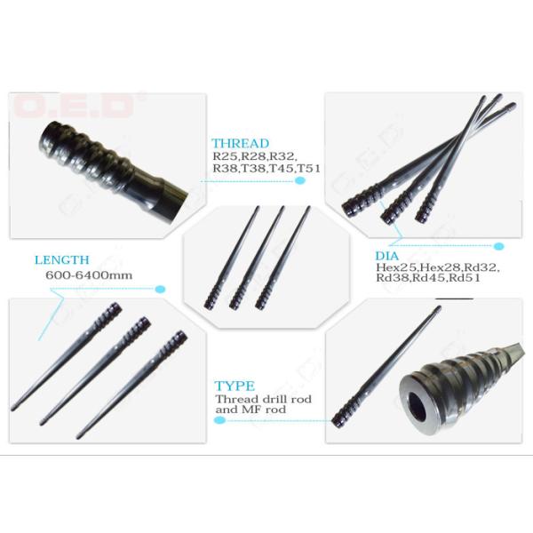 Hex25 Hex28 Rock Drill Rod R25 R28 Round Shape And Hexagonal Body Type