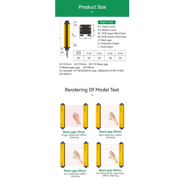VIFAR Safety Light Curtain with Millisecond-Level Response 10mm Beam Gap and 30m Detection Distance for Industrial Safety