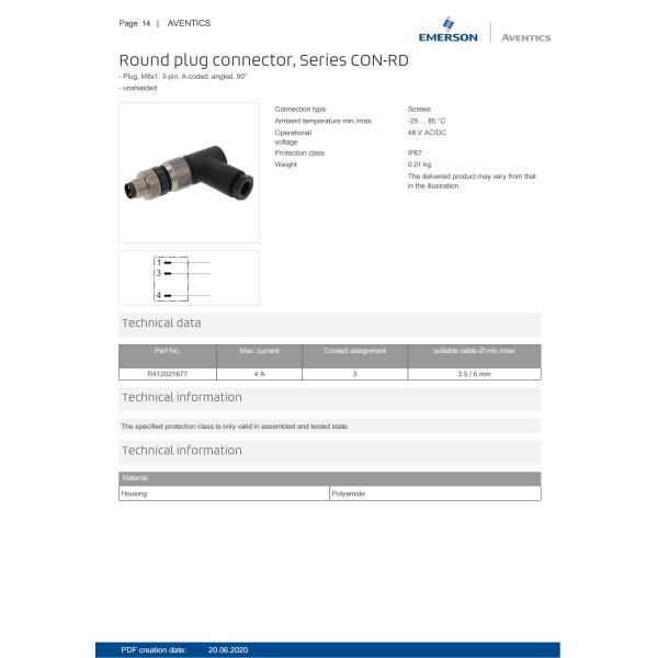 AVENTICS Series CON-RD Round Plug Connectors Unshielded 3 Pin A Coded IP67 Waterproof