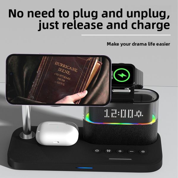 5 In 1 Magnetic Wireless Stand Dock Charger With Holder iPhone Android Night Light Alarm Clock 15W Fast Charging