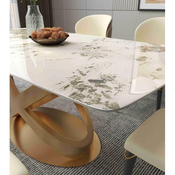 White Rectangular Stone Dining Table Chair Sets Bronze Pedestals