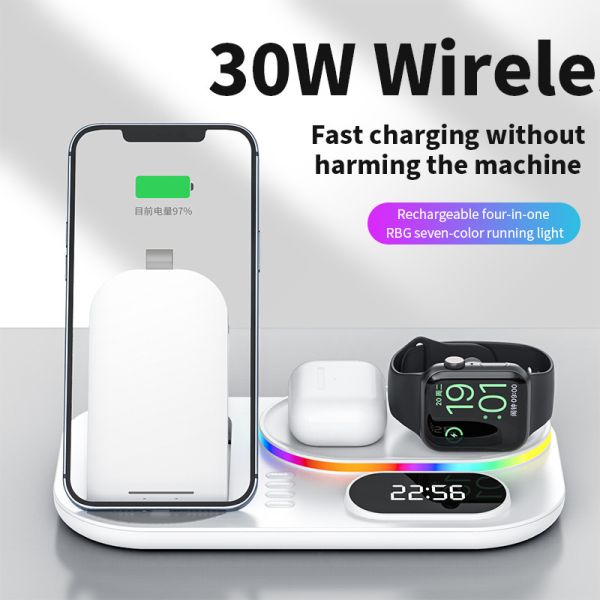 Foldable RGB Alarm Clock Wireless Charger Stand 4-in-1 Magnetic Charging Station LED Light Fast Wireless Charging Dock