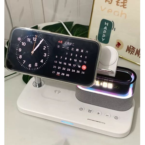 5 In 1 Magnetic Wireless Stand Dock Charger With Holder iPhone Android Night Light Alarm Clock 15W Fast Charging
