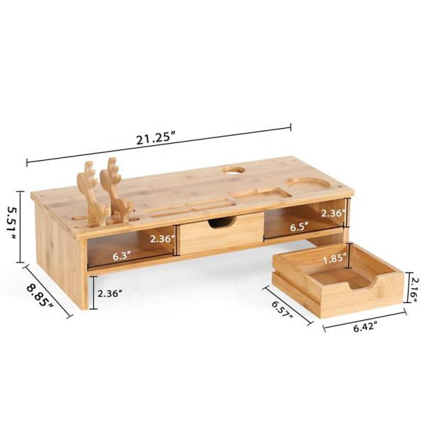 Single-Tier 54x22.5x14cm Bamboo Computer Monitor Riser with Desktop Stand and 2 Drawer