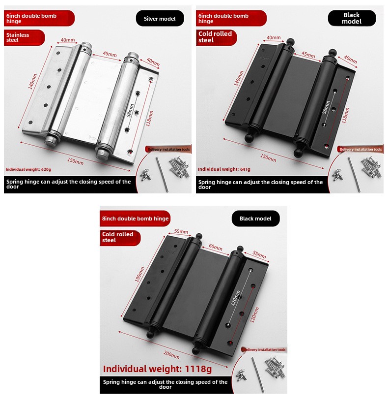 Modern Double-Open Automatic Closing Adjustable Stainless Steel Door Spring Hinge 110 Opening Angle Wall Mount