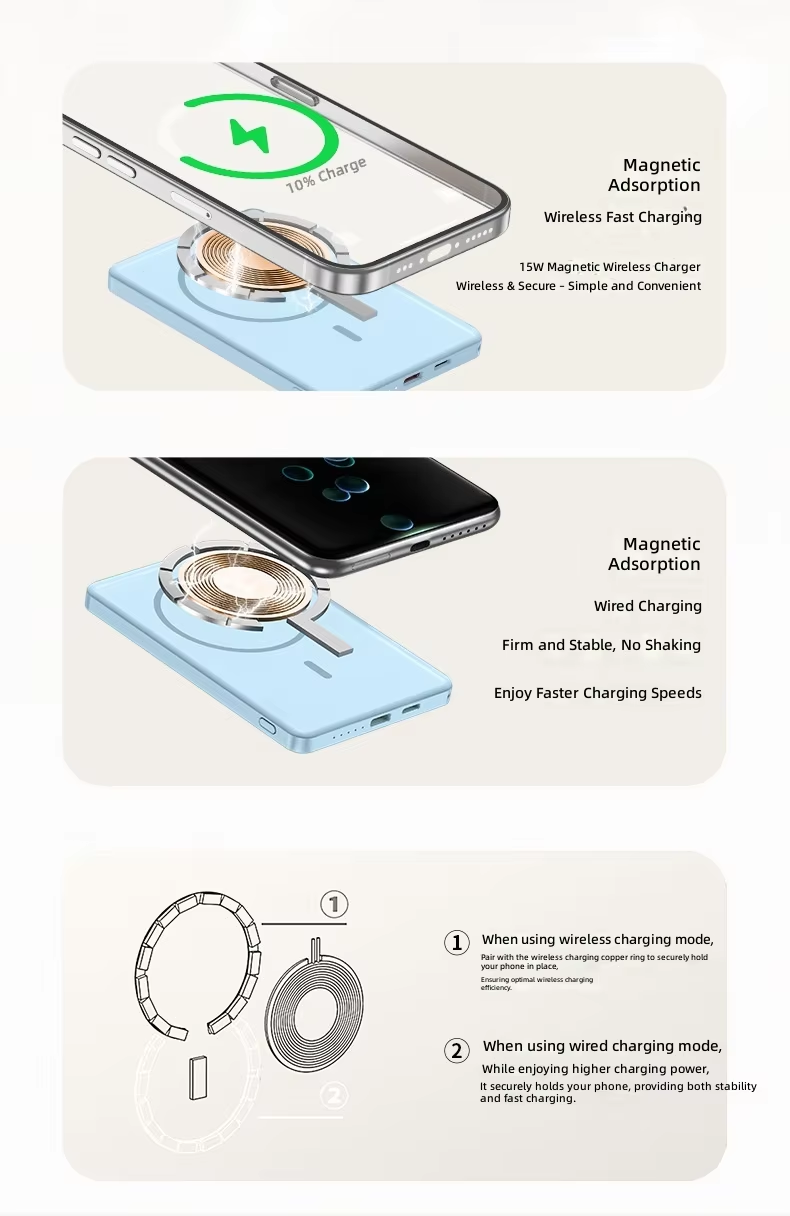 Ultra Thin Magnetic Wireless 10000mAh Power Bank with Holder Hanging Rope Compact Mobile Power Bank Fast Charging