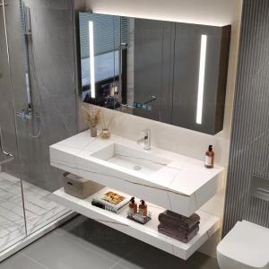 Buy cheap Oem Bathroom Vanity Units Sintered Stone Countertop Basin Led Mirror Storage Cabinets product