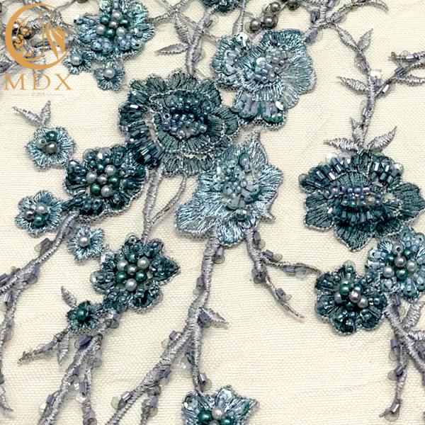Blue 3D Embroidery Mesh Beaded Lace Fabric For Dresses