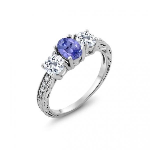 Gem Stone King 925 Sterling Silver Blue Tanzanite and White Topaz Women's 3-Stone Ring