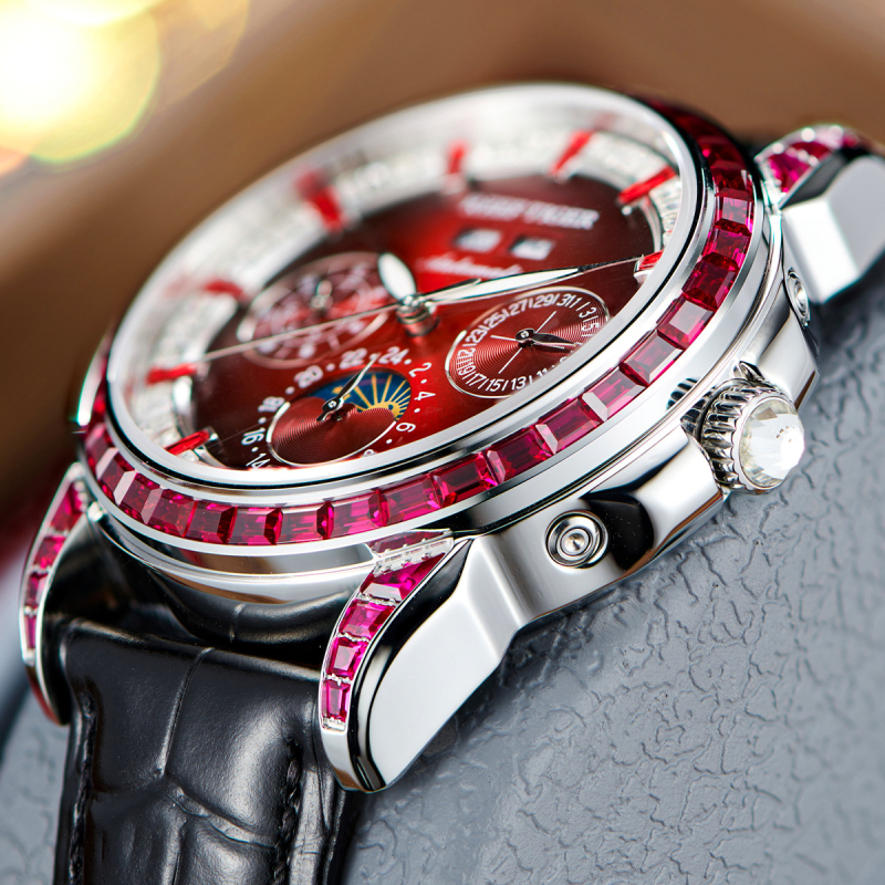 Reef‑Tiger Men Automatic Watch,Rose Gold Diamond Bezel Moon‑Phase Calendar Leather Strap Business Wristwatch