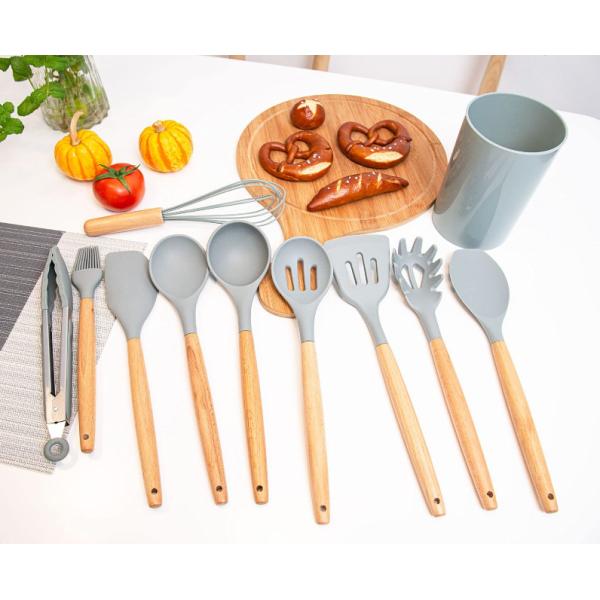 Wooden Handle,Heat Resistant Silicone Kitchen Utensils Set 11 Pcs Gray