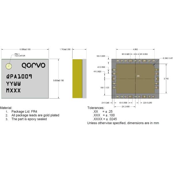 Mechanical Drawing - Qorvo QPA1009 17W Wideband GaN on SiC Power Amplifier QPA1009 Integrated Circuits ICs 12.7GHz 17W PA PHS 1 Channel