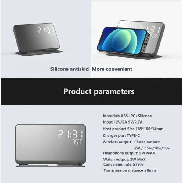 Multifunction3 In 1 Fast Wireless Phone Charger Stand Alarm Clock RGB Night Light Desk Lamp